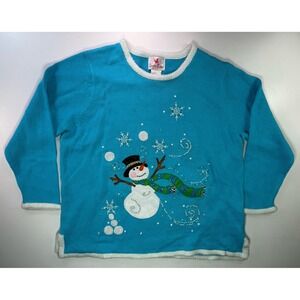 Quacker Factory Light-Up Snowman Sweater Blue 1X Women Holiday Christmas Top